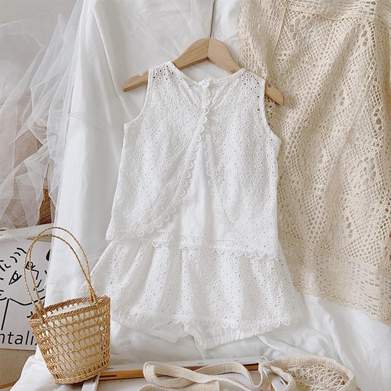 Girls Outfit Set Summer Clothing Sets Hollow Lace Suit Baby Casual Sleeveless T-shirt+Shorts Kids Clothes Sets Baby Clothes