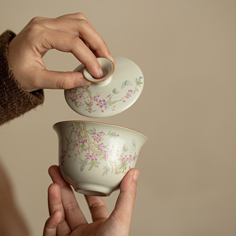 Ru Kiln Wisteria Flower Sancai Cover Bowl Chinese High-end Ceramic Tea Bowl Kung Fu Tea Set Cover Bowl Cup Single Tea Ware