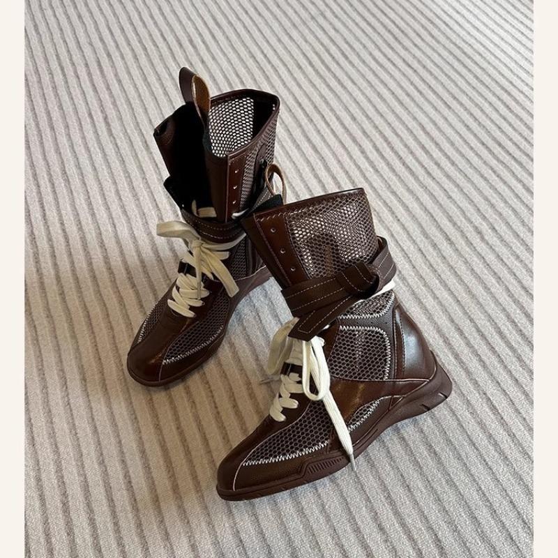 Hollow Breathable Short Boots Martin Boots Women's Summer New Inner Heightening Boxing Boots Retro Lace-up Medium Boots