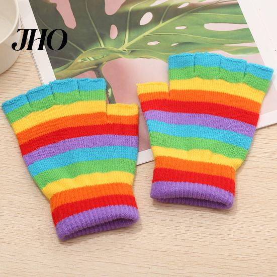 Women Gloves 1 Pair Students Half Finger Knitted Colorful Rainbow Stripe Stretchy Comfortable Ladies Keep Warm Super Soft Autumn Winter Writing Gaming