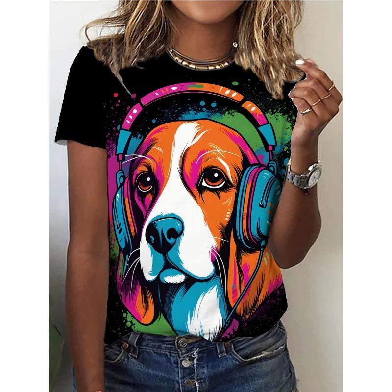 

Dog print crew collar T-shirt with headphones, Casual Short Sleeve Top For Summer, Women s Clothing S