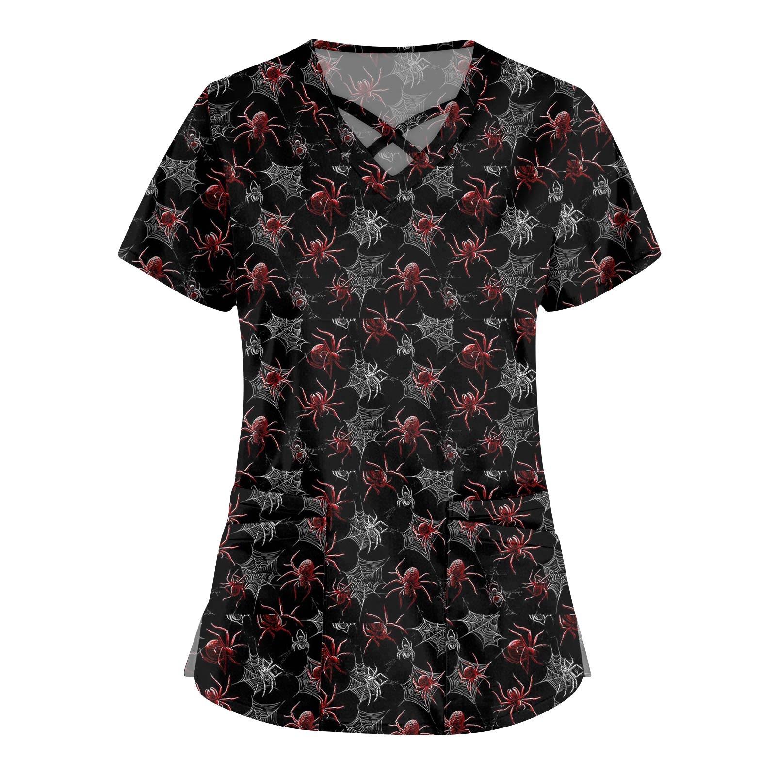 

Женская мода Комбинезоны с перекрестным V-образным вырезом и короткими рукавами Двойные карманы Топы с принтом на Хэллоуин Униформа XXXL