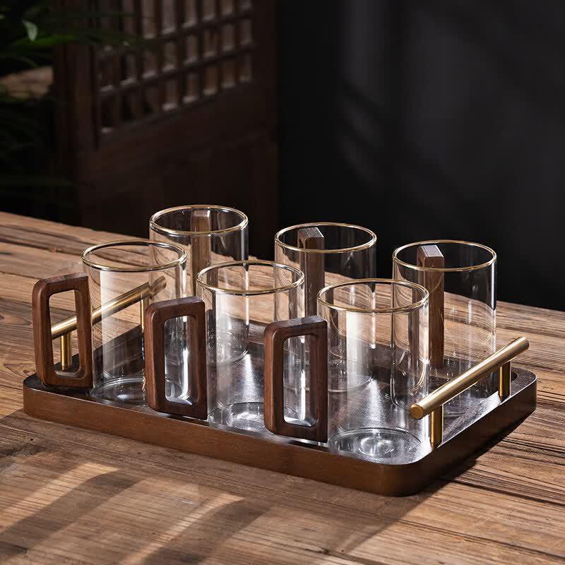 Biāoxīng High-Temperature Glass Teacup Set with Wooden Handle деревянной ручки
