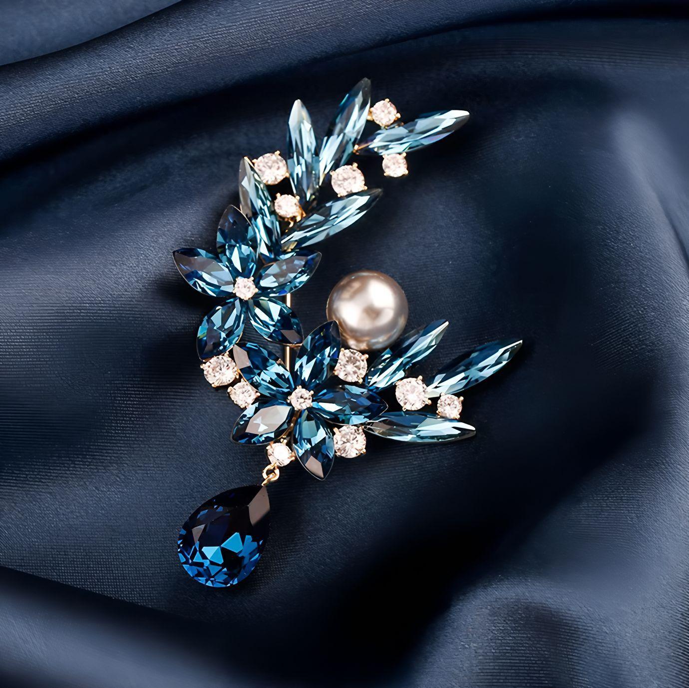

Хрустальная брошь-цветок, Высококлассная женская роскошная и элегантная брошь с жемчугом, Дизайнерская брошь синий/золотой
