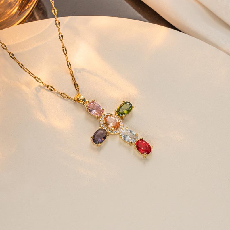 New Copper Micro Zirconia Necklace Multi-coloured Cross Pendant Hip Hop Necklace Collar Bone Chain Women's Necklace
