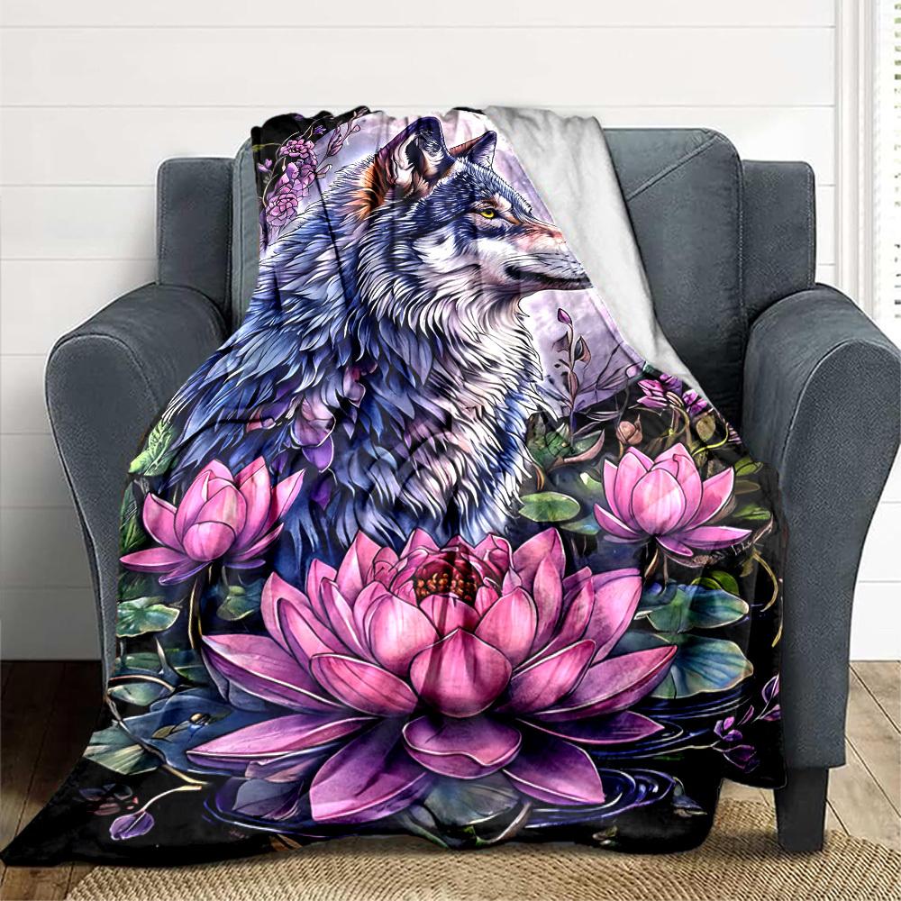 1pc Wolf, Lotus Blanket Lightweight Flannel Blanket Throw Blanket For Sofa, Bed, Travel, Camping, Livingroom, Couch, Chair, And Bed yy2509026129 100x150cm