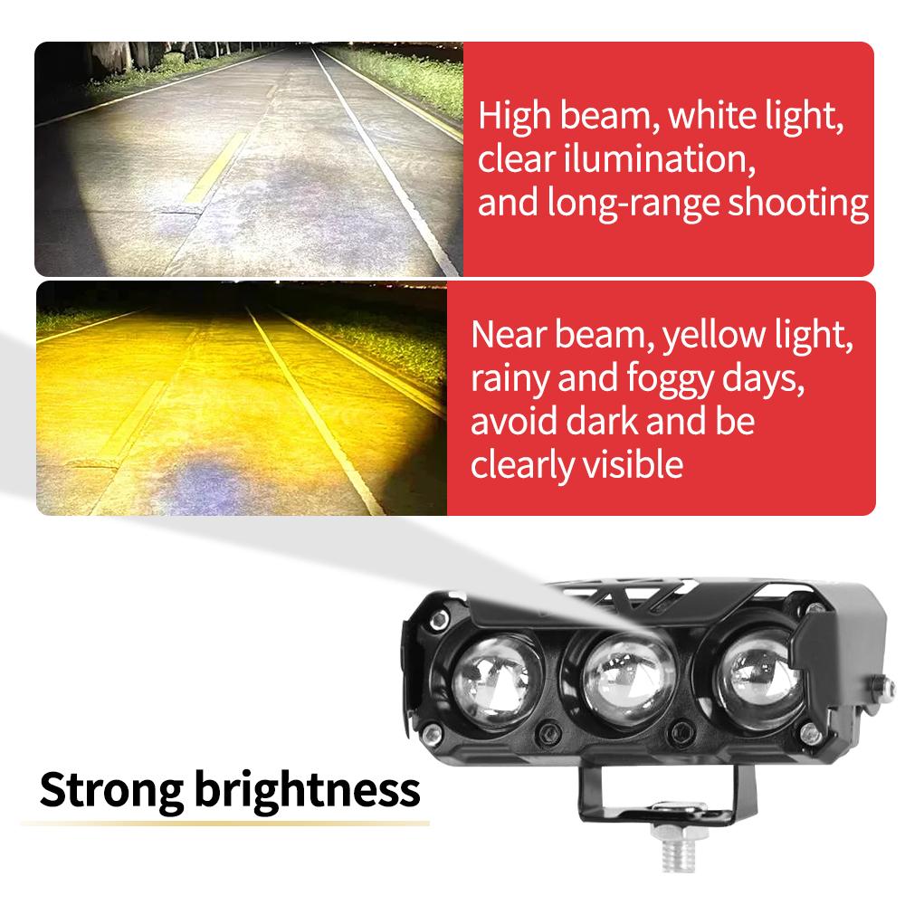 Motorcycle LED Spotlight Dual Color Hi/Low Beam 3 Lens 12V Work Light Scooters Headlight Motorbike Fog Lamps Driving Light