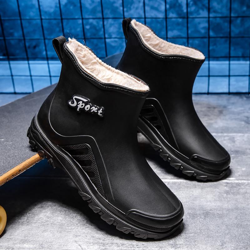 New Rain Shoes Men's Medium Tube Warm Rain Boots Velvet Waterproof Shoes Kitchen Rubber Shoes Overshoes Car Wash Fishing Shoes Men