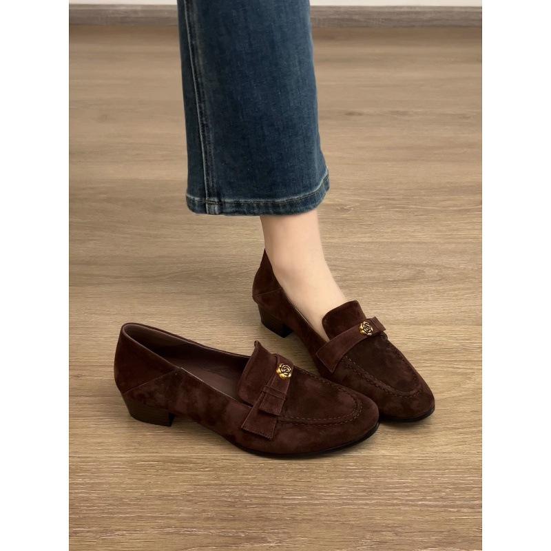 Sheepskin Version~ French Small Leather Shoes Genuine Leather Camellia Loafers Women's Round Head One Pedal Matte Medium Thick Heel Single Shoes