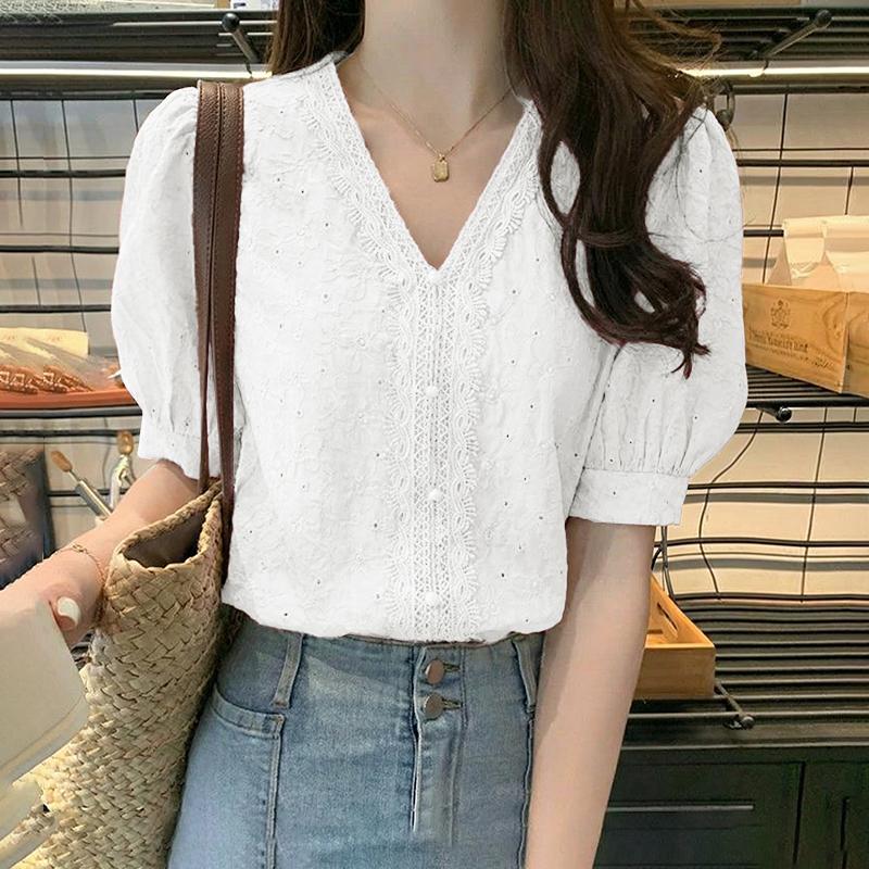ZANZEA Women Casual V-Neck Lace Crochet Patchwork Loose Short Sleeve Blouse M белый