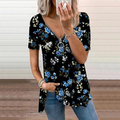 Haut d'été pour femme, nouvelle mode, belles roses rouges imprimées, décontracté, fermeture éclair, col en V, manches courtes