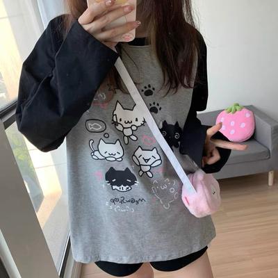 Kawaii Kattenprint T-shirts voor Dames Anime Cartoon Grafische Raglanmouw Tops Gothic Japanse Stijl Herfst Cutecore Kleding