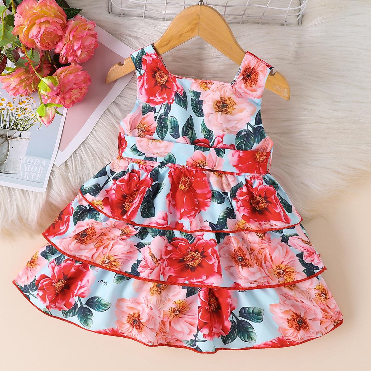 

Летнее новое платье для девочек с V-образным вырезом без рукавов, цветочное модное трехслойное платье принцессы с тортом 18-24M