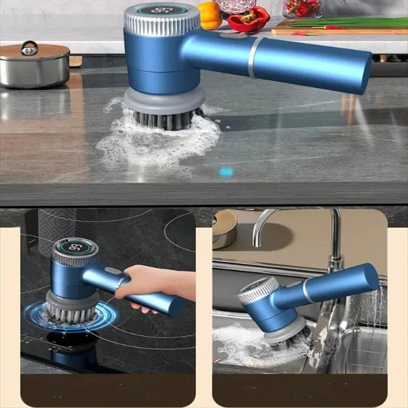 LED Display Electric Cleaning Brush Wireless Kitchen Sink Cleaning Brush 5-in-1 IPX7 Waterproof Electric Pot Brush Cleaning Tool