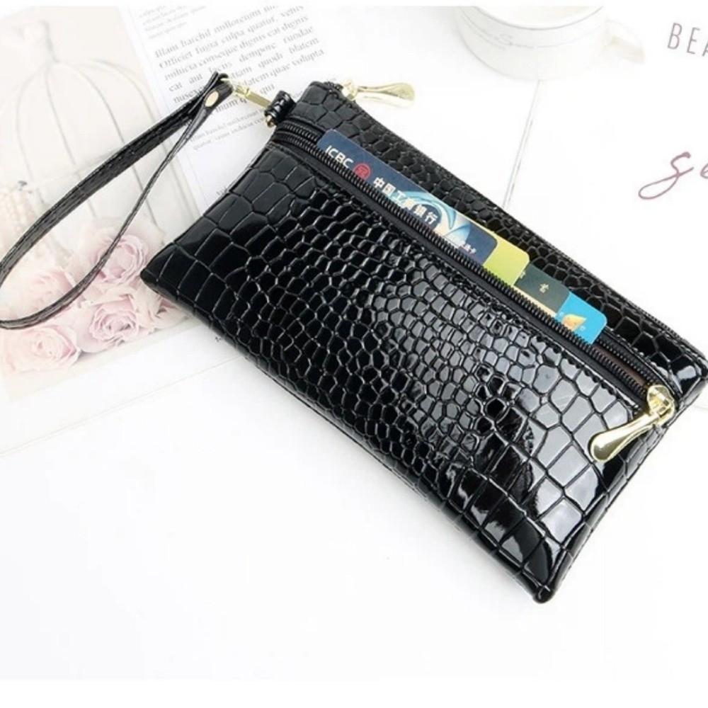 Portable PU Leather Women Long Wallets Stone Grain Double Zipper Coin Purse Hand-held Phone Bag Lady Purses