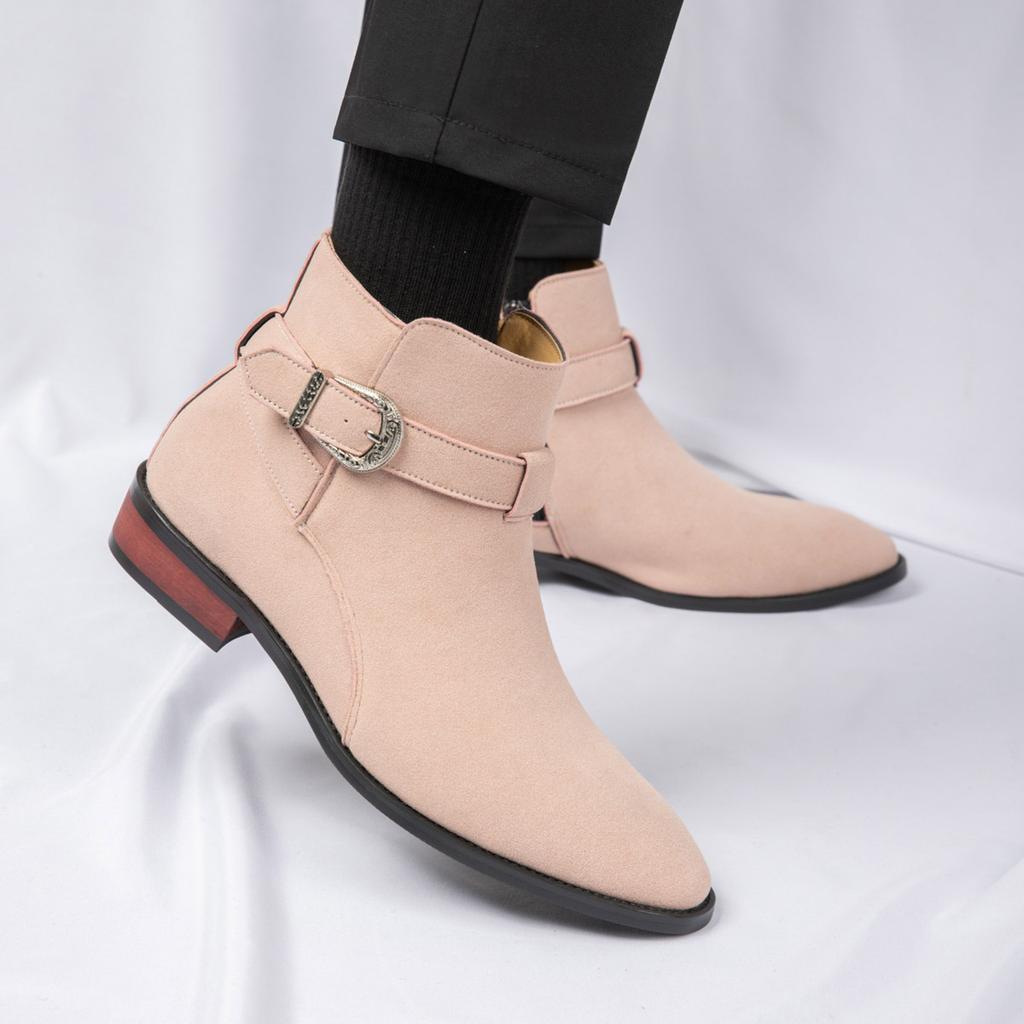 Fashion Buckle Strap Men's Chelsea Boots Pointed Toe Suede Leather Boots For Man Autumn Winter Business Casual Ankle Boots Man
