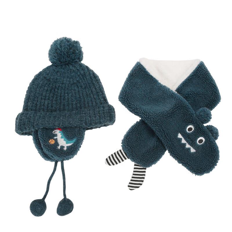Lemonkid Lambswool Dinosaur Earflap Knit Hat with Neck Warmer