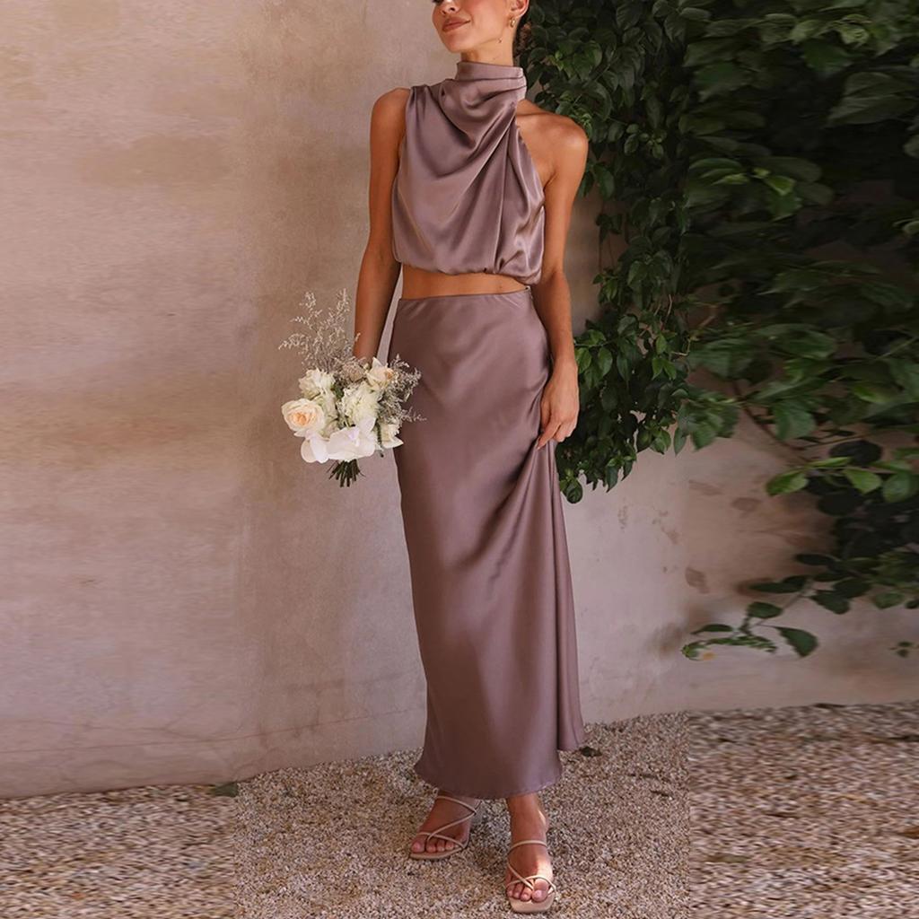 Women's Summer Formal Satin Mock Neck Sleeveless Tank Skirt Two-piece Suit