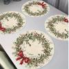 4pcs Vintage Christmas Placemats - Elegant Holiday Table Decor with Green Leaves, Red Berries & Bow Wreath - Non-Slip