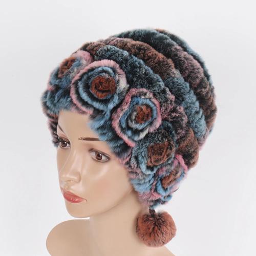 Sale Winter Women Flowers Striped Natural Real Rex Rabbit Fur Hats Lady Warm Knit Genuine Fur Caps Russian Outdoor Fur Hats