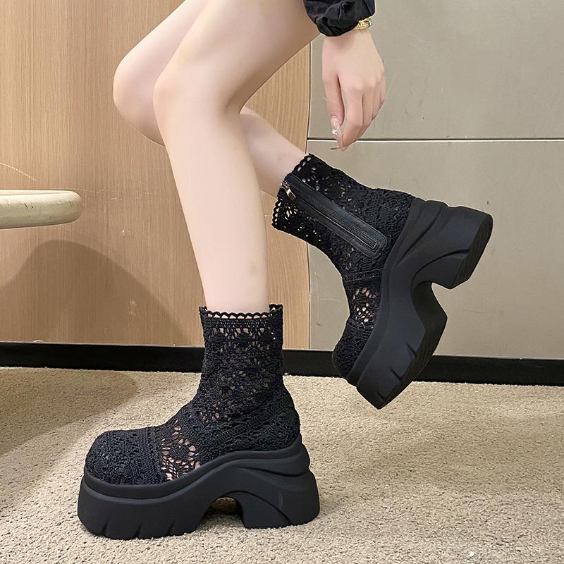 Fashion Autumn Platform Thick Bottom Woman Ankle Boot Fashion Hollow Out Breathable Shoes Ladies Elegant Lace Mordern Sandalias Booties