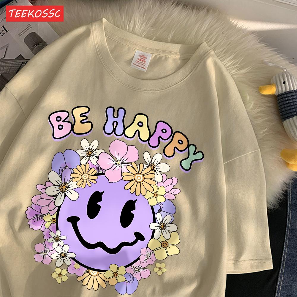 Street Cotton Womans T-Shirts Be Happy Face Cartoons Printing Short Sleeve O-Neck Breathable Loose Tops Trend Female Clothes