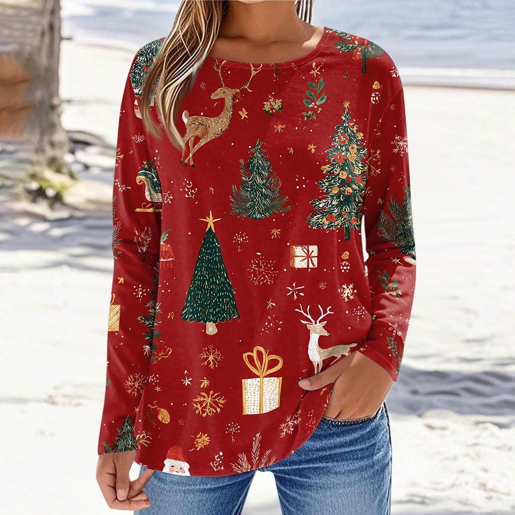 Women's Christmas Print Neck Long Sleeve Pullover Top for Holiday