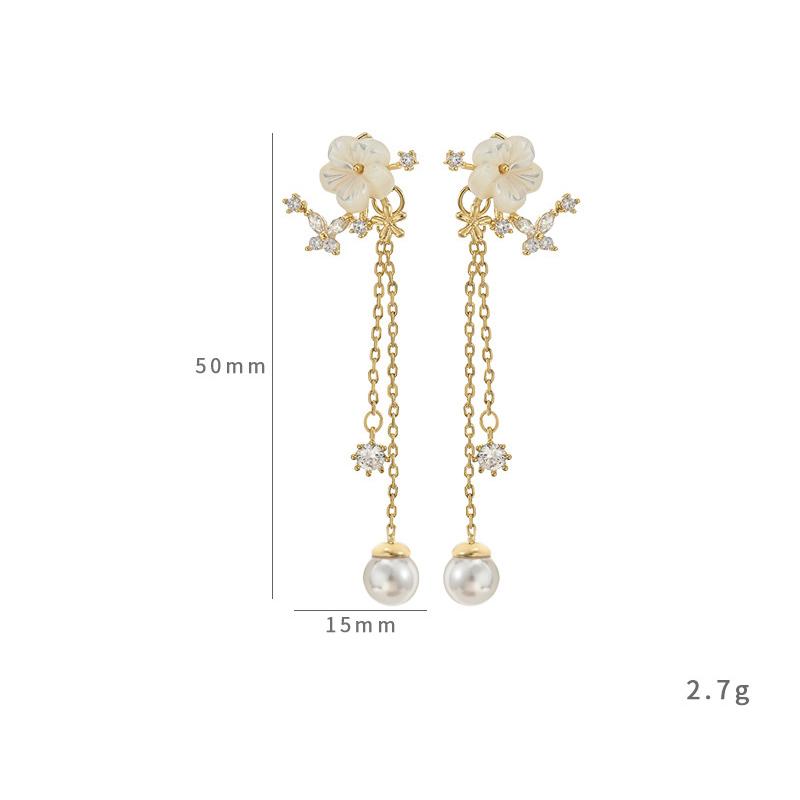 Luxury White Flower Rhinestone Butterfly Earrings for Women Tassel Pearl Zircon Drop Earrings Elegent Art Aesthetics Jewelry New