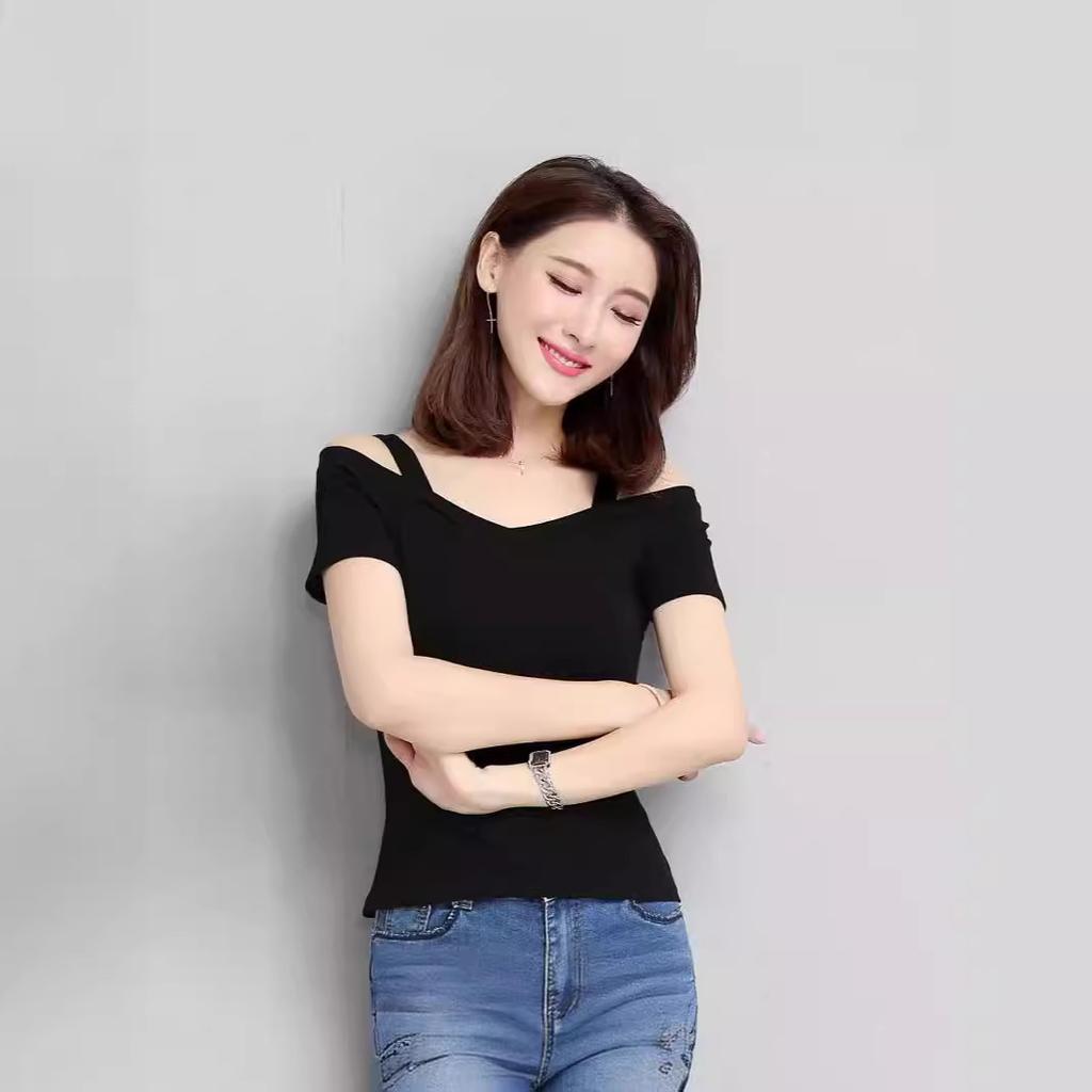 Chic Summer Black Sweet Shoulder Suspender Short Sleeve T-Shirt Women's Shoulder Sexy Top Collarbone