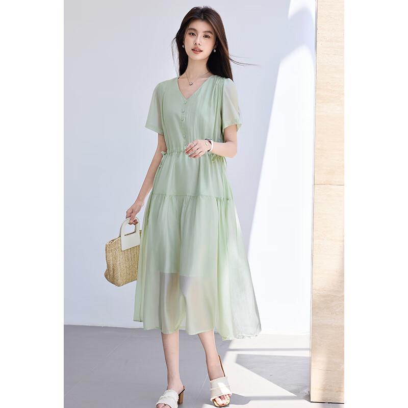 VICTORIA&VERA Women's Tencel V-Neck A-Line Midi Dress