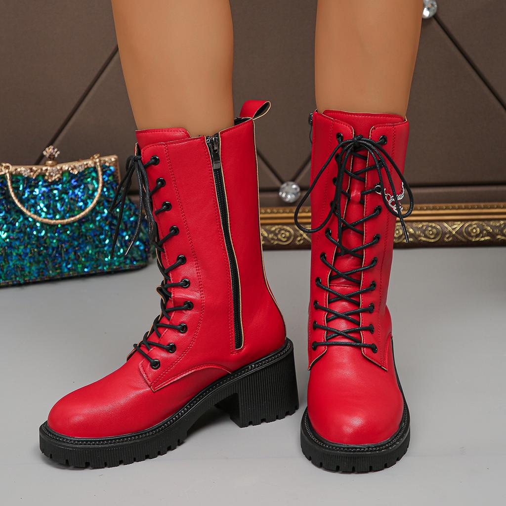 Fashion Punk Style Chain Decor Combat Boots Women Autumn Winter Chunky Heels Mid Calf Boots Woman Fashion Zipper PU Leather Botas Mujer