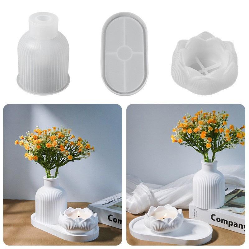 Lotus Striped Vase Tray Silicone Mold Set Diy Epoxy Resin Plaster Mold For Flower Arrangement Aroma Clay Craft Home Decoration