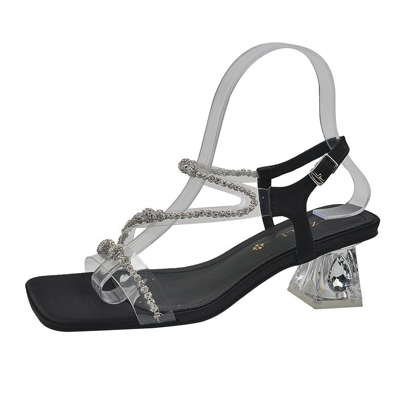 

One word transparent sandals with rhinestones high heels silver crystal heel cool slippers wide fat feet women s shoes 35 чёрный