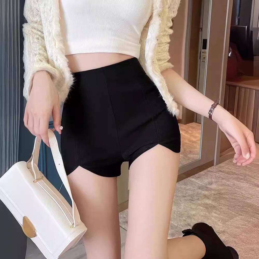 2024 Spring/Summer Women's High-Waisted Black Stretch Slimming Irregular Shorts