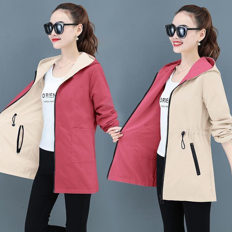 Autumn Women s Jacket Double Sided Windbreaker Long Sleeve Jackets Hooded Casual Basic Coat Loose Outerwear S серый