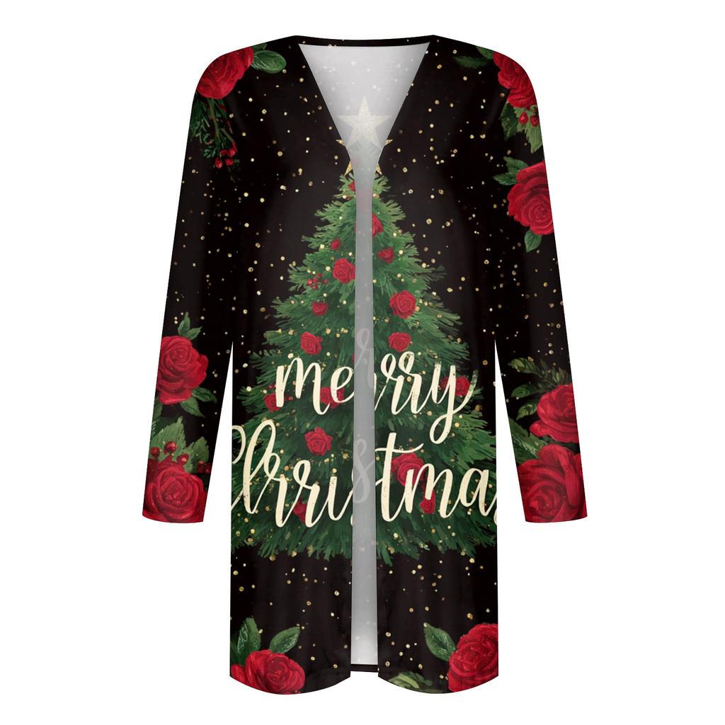 Women's Fashion Casual Christmas Printed Mid-Length Irregular Hem Cardigan Jacket