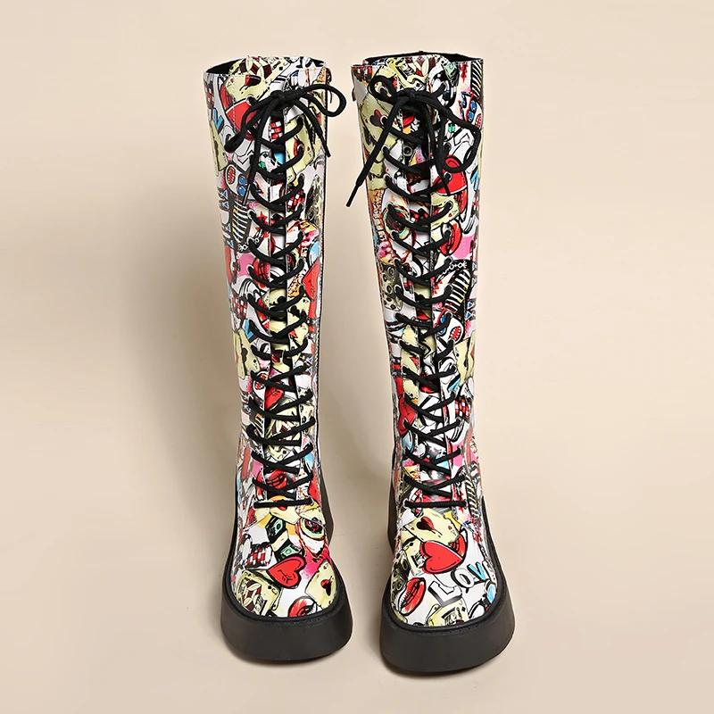 Fashion Women's Autumn New Printed Plus Fleece Platform Long Cylinder Riding Boots High Cylinder Boots