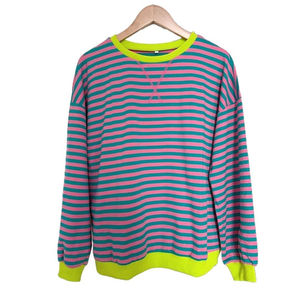 Autumn and Winter Colorful Striped Round Neck Loose Sportswear Women's Hoodies & Sweatshirts