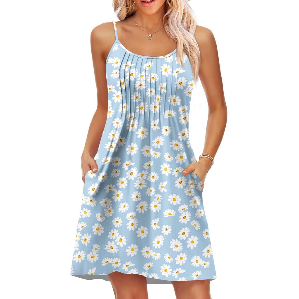 Fashion Women Summer Dress Vintage Floral Print Adjustable Spaghetti Straps Beach Vacation Casual Dress With Pockets