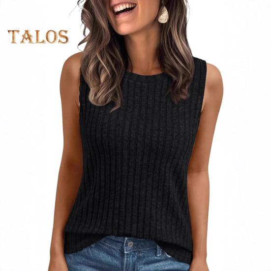 Women Tops Round Neck Sleeveless Slim Fit Knitted Tops Solid Color Elastic Ribbed Tank Tops Daily Wear
