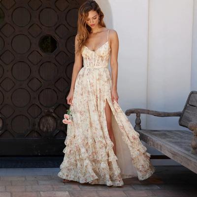 European and American Women's Clothing Popular Independent Station Sexy Printing Floral Long Dress