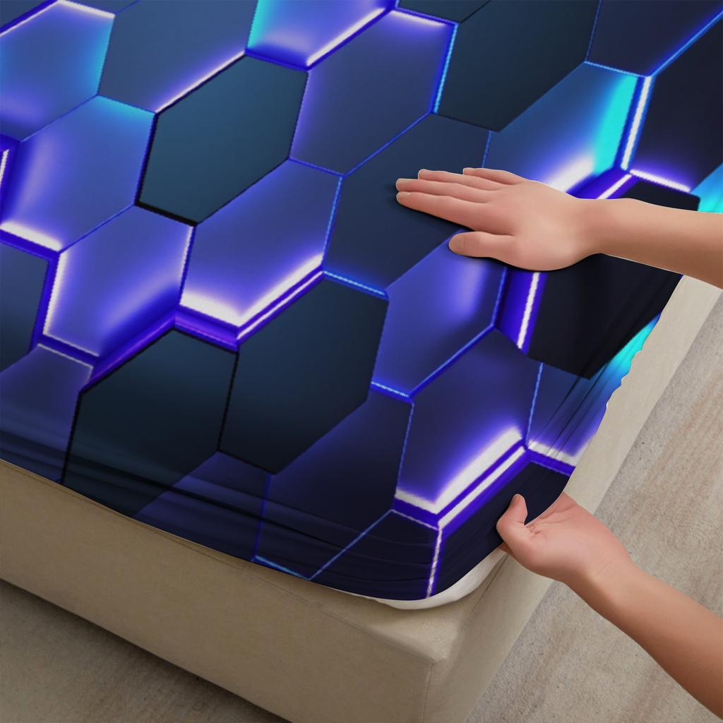 3pcs Hexagon Pattern Flat Sheet 3D Printed Blue Purple Geometric Fitted Sheet Sets With Pillowcases No Filling Cool Visual Style