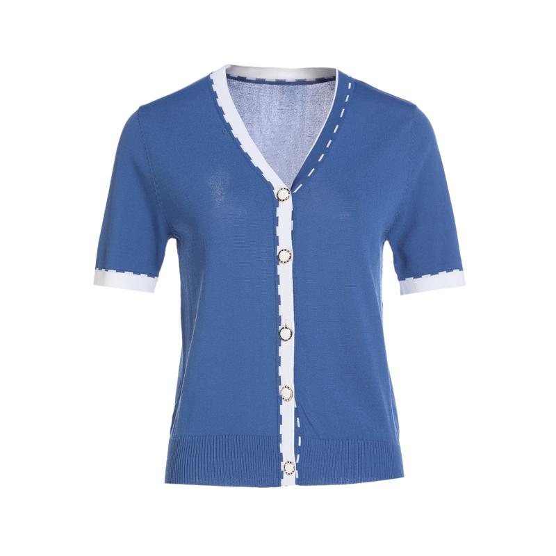 [Color Contrasting Fine Edges] Simple Design V-neck Knitted Shirt for Women in Summer, Slim and Versatile Top