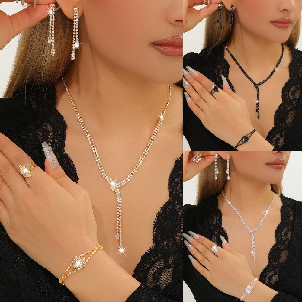 4PC Luxury Necklace Earrings Bracelet Ring Set Simple Women's Fashion Jewelry Kit  Banquet Accessory