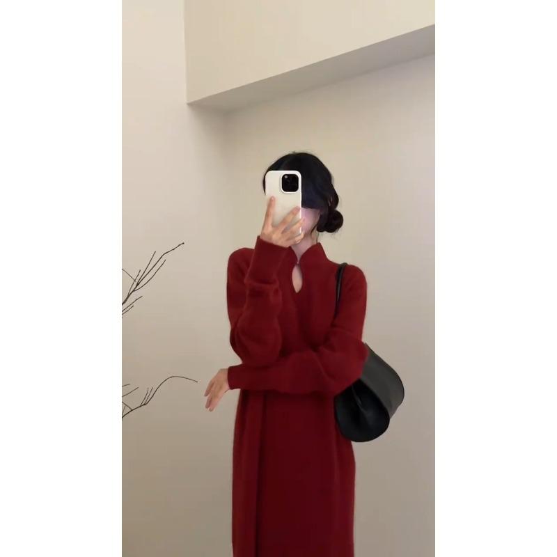 

Женская одежда Улучшенное красное вязаное платье с низом Осень и зима Рождество Жизнь Свитер Длинная юбка S красный