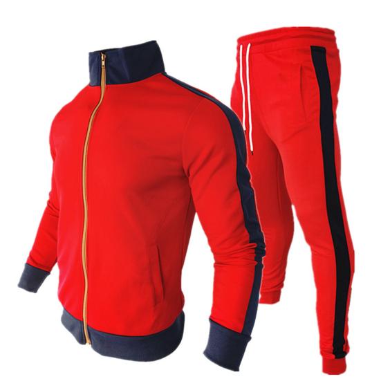 2Pcs/Set Stand Collar Long Sleeve Multi Pockets Zipper Placket Jacket Sweatpants Set Men Autumn Striped Patchwork Slim Tracksuit Outfit