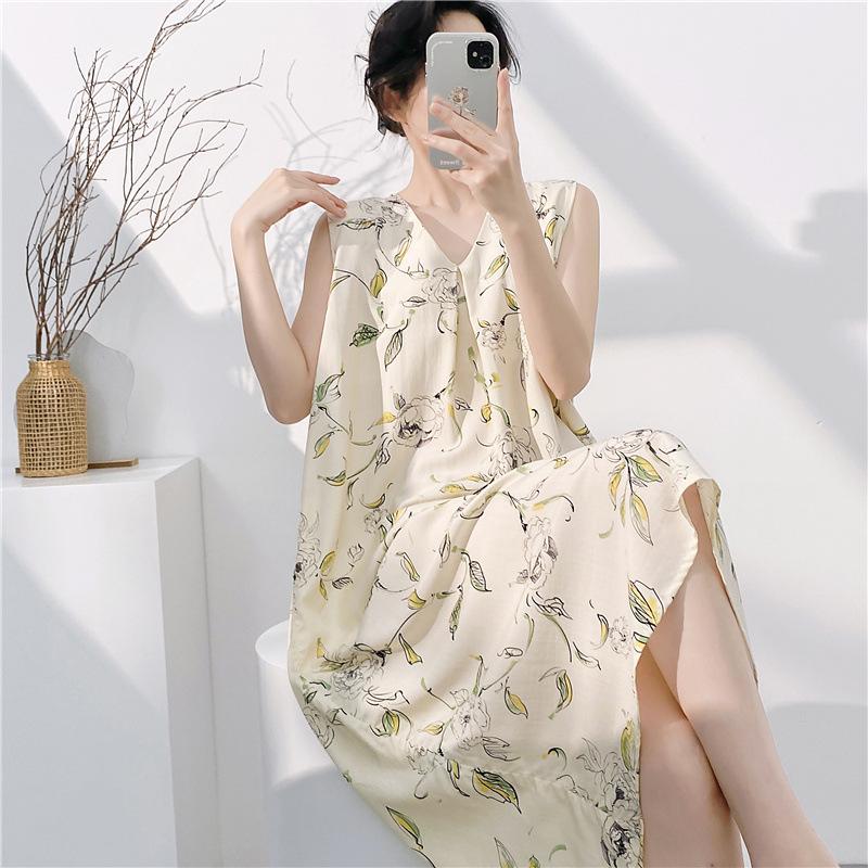 Cotton and silk sleeveless nightdress women's summer thin floral new super good-looking dress medium and long small fresh loungewear