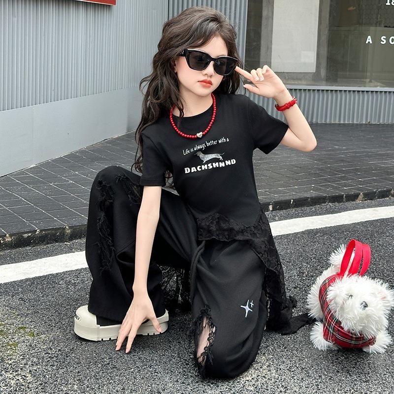 Girls' Jazz Dance Lace Ribbon T-shirt & Ripped Wide-leg Pants Set - Summer 2026 Arrival for Medium & Older Kids