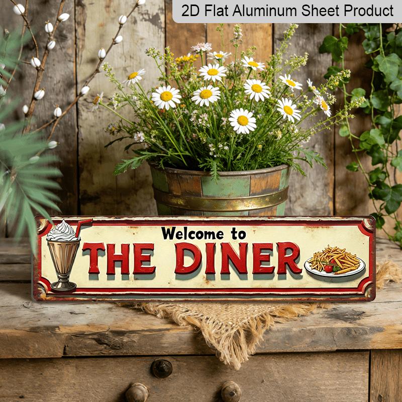 2D Flat 1pc Vintage "Welcome To The Diner" Metal Sign - Farmhouse Style American Diner Alumium Decorative Sign, Wall Hanging, 3.9X15.7 Inch, for