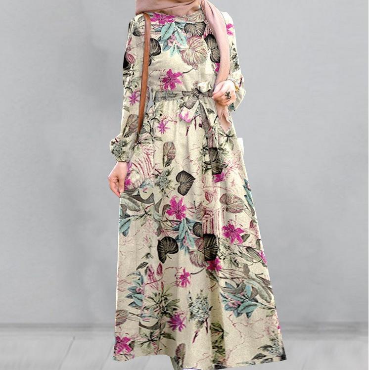 

Muslim print long-sleeved women s clothing cotton and linen round neck Renaissance multi-layer splicing waist ruffle hem 5XL